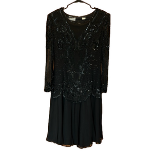Vintage Black Silk Beaded Midi Long Sleeve Formal Dress